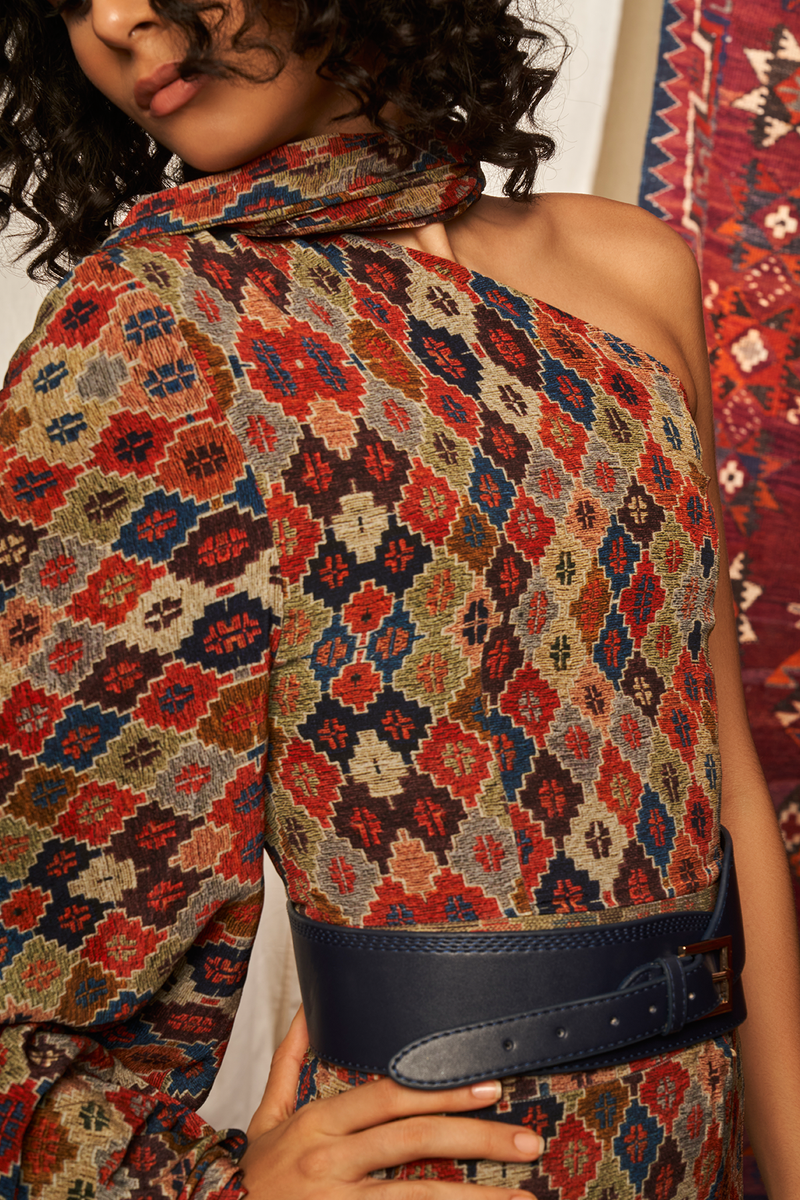 Brick Print One Shoulder Top With Sari Drape