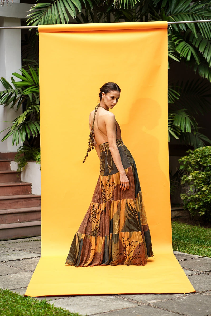 Tropical Mustard Print Maxi With African Baroque Hand Embroidery