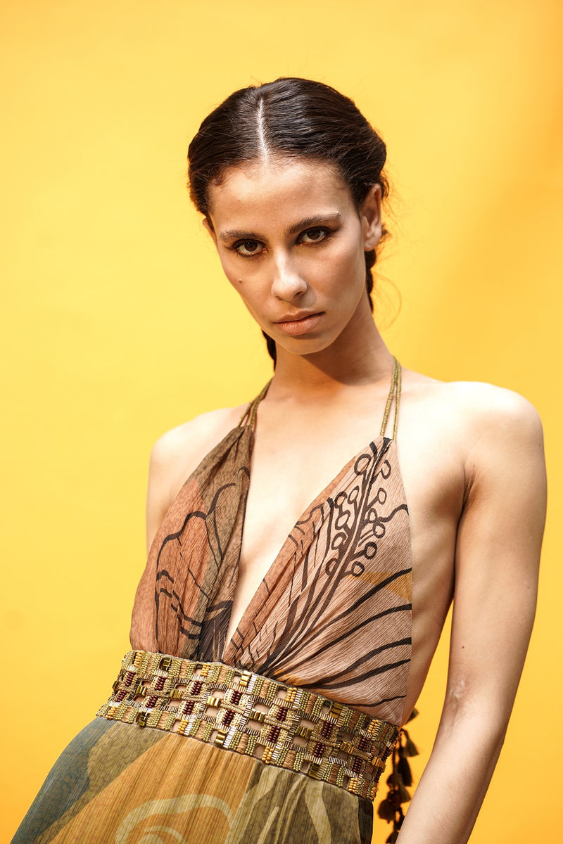 Tropical Mustard Print Maxi With African Baroque Hand Embroidery