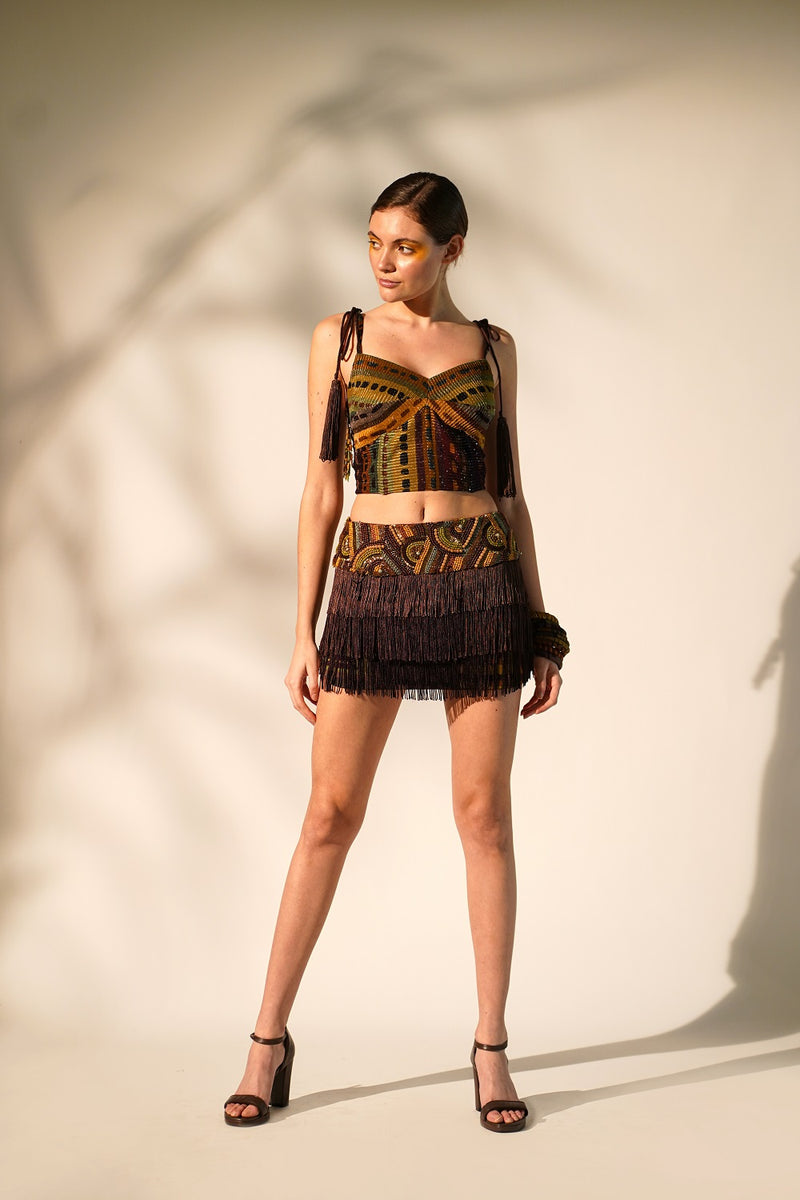 Multicolour Stripe Print Fringe Short Skirt With Hand Baroque In Metallic Embellishment