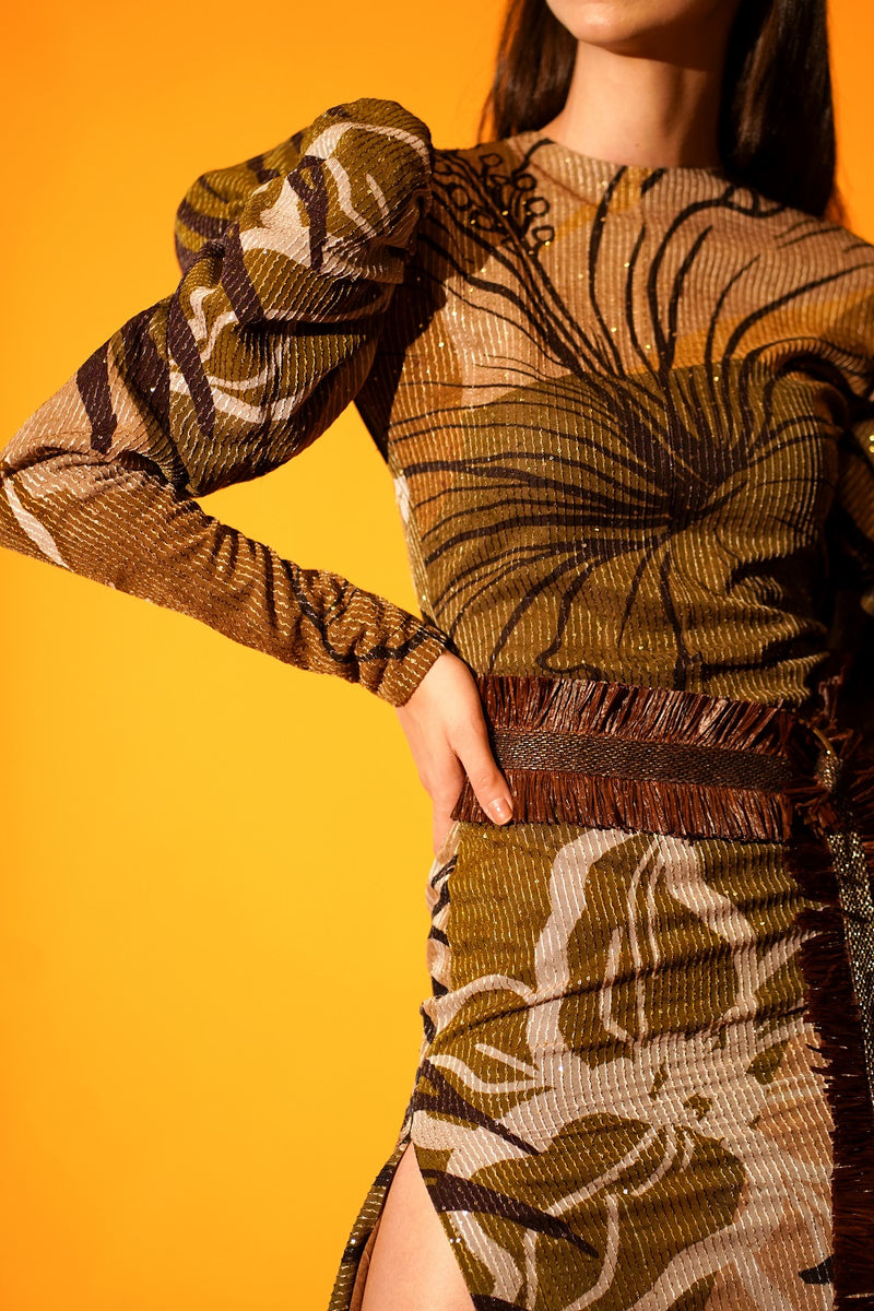 Tropical Brown Mutton Sleeve Dress With Slit