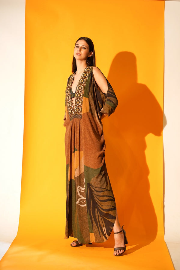 Tropical Brown Kaftan With African Baroque Hand Embroidery