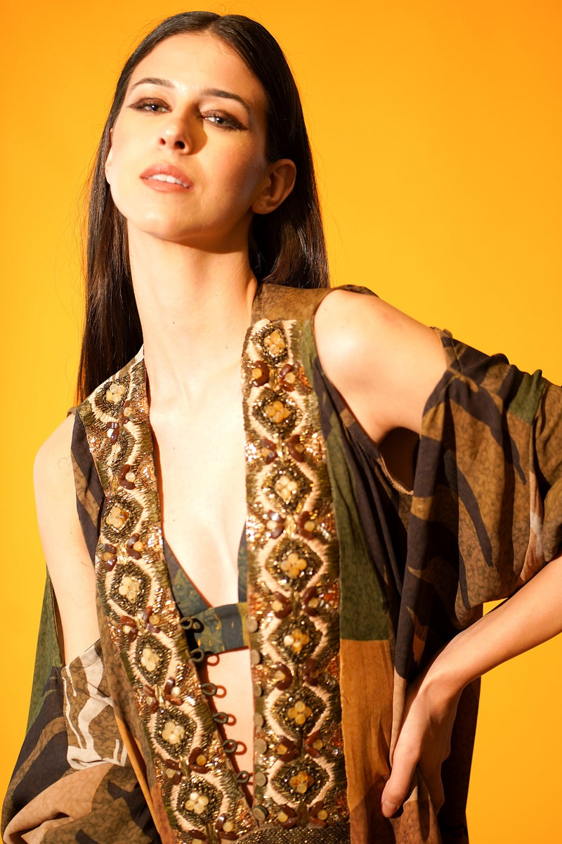 Tropical Brown Kaftan With African Baroque Hand Embroidery