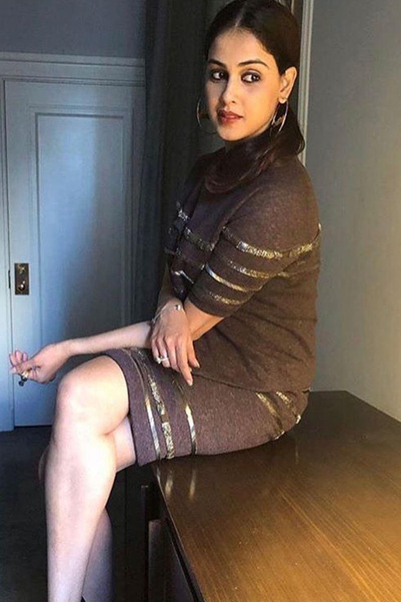 Genelia In Brown Pewter Hand Embellished Skirt & Crop Blouse