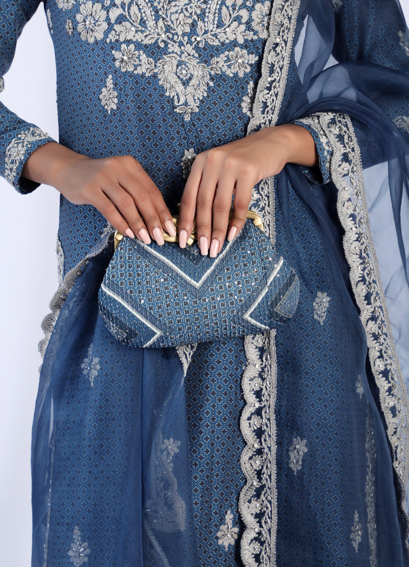 Indigo Blue Tile Print Clutch With Intricate Gold Frame & Chain