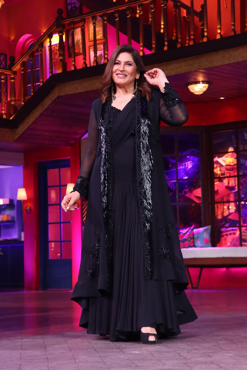 Archana Puran Singh In Black Pleated Drape Saree With Blouse & Jacket With Noire Glass Beads & Thread Embroidery