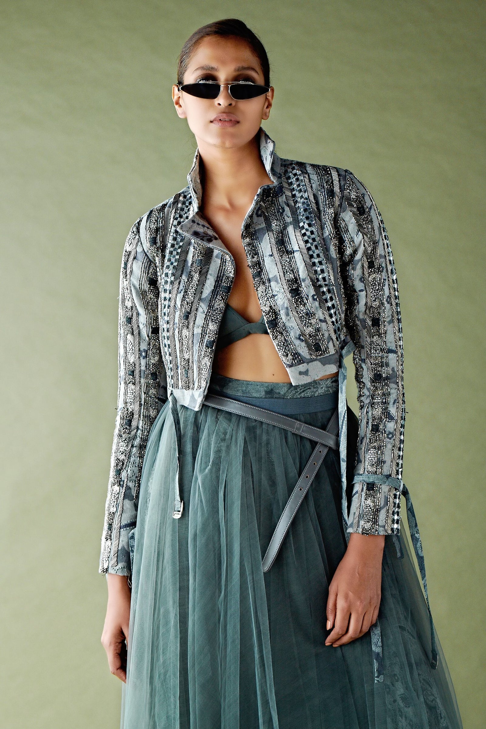 Rumi Print Pewter Hand Embellished Crop Bomber Jacket