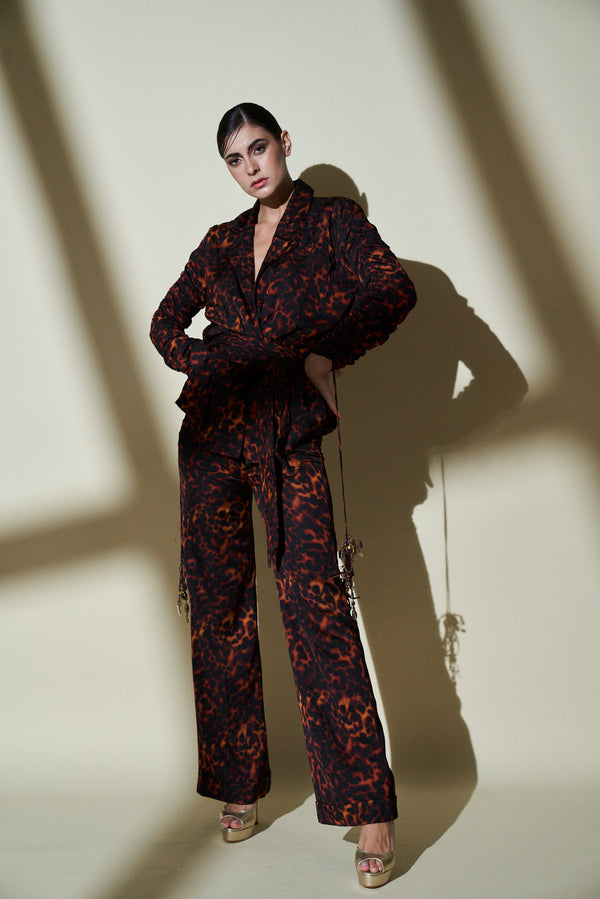 Stone Print Pant Suit With Gathered Sleeves & Belt