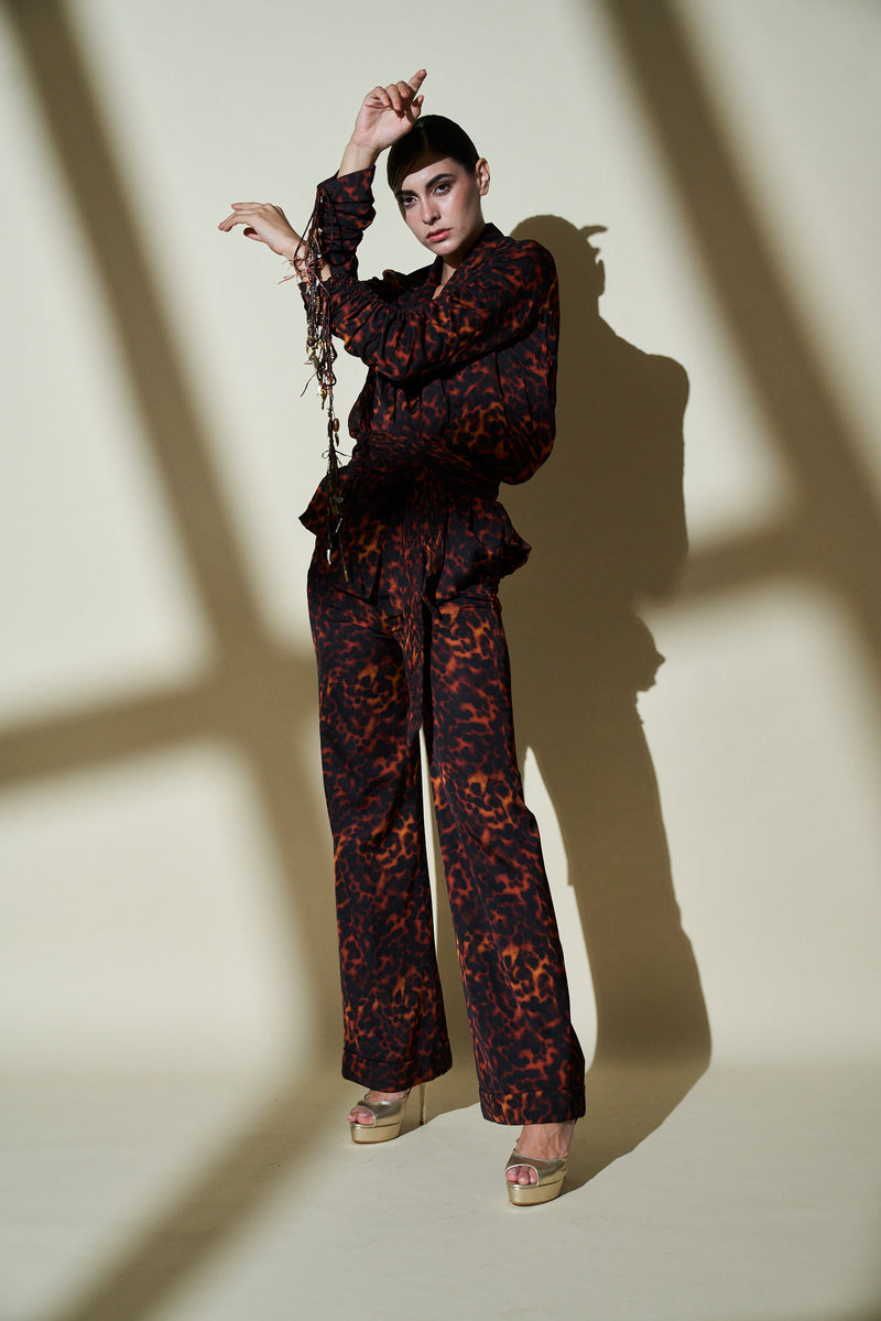 Stone Print Pant Suit With Gathered Sleeves & Belt