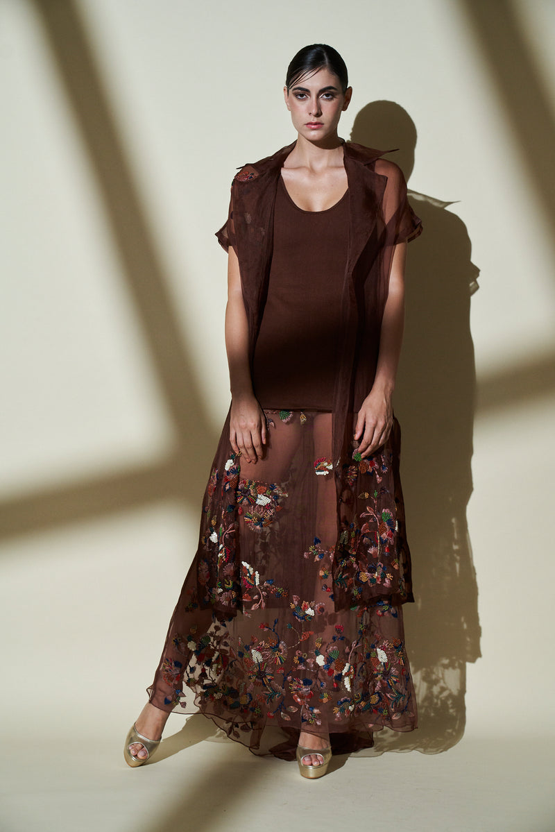 Chocolate Brown Short Sleeves Trench Coat, Lehenga Skirt With Multicolor Hand Embroidery & Knit Tunic Top