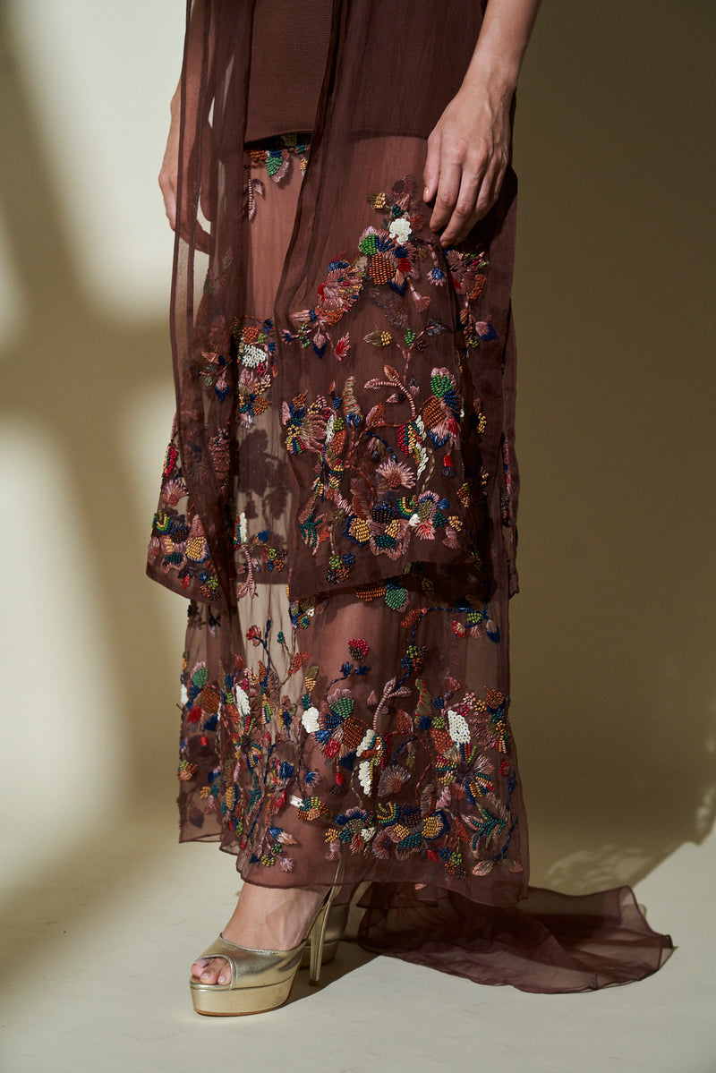 Chocolate Brown Short Sleeves Trench Coat, Lehenga Skirt With Multicolor Hand Embroidery & Knit Tunic Top