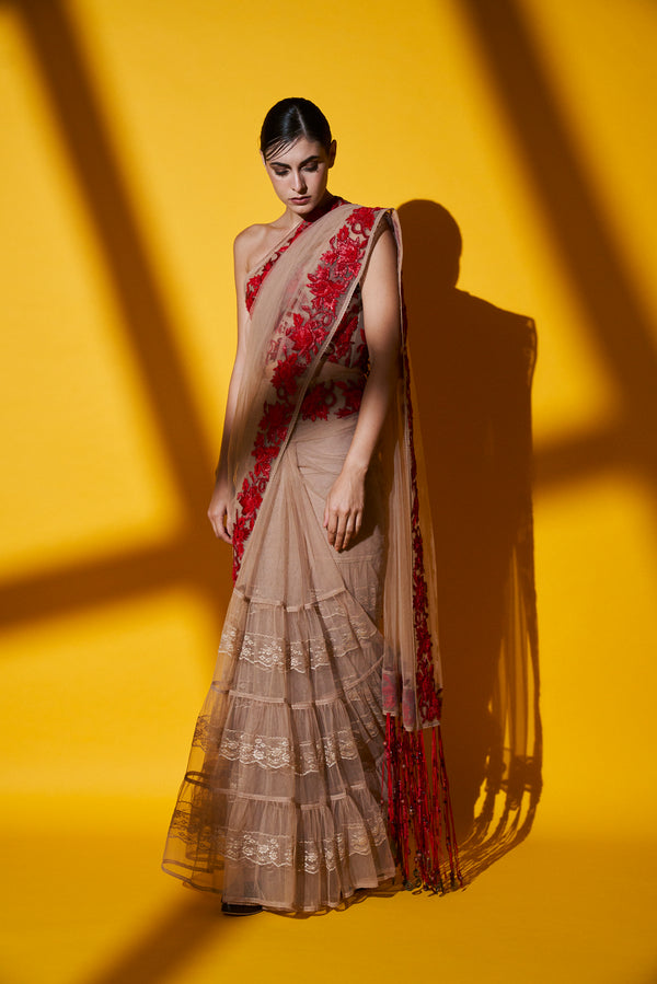 Blush Pink Pleated Saree & Corset Blouse With Red Raffia Embroidery