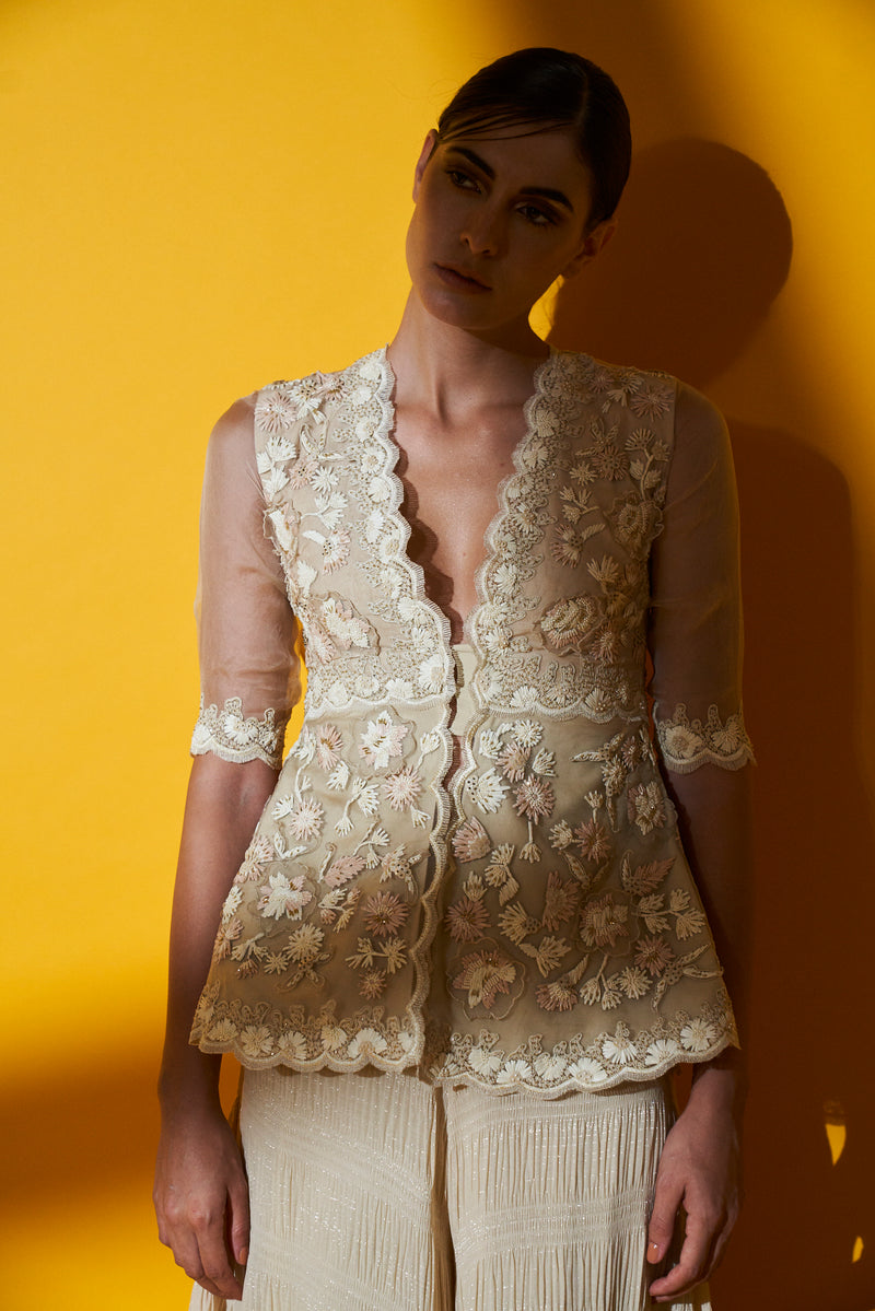 Ivory Embroidered Front Open Jacket Top & Crush Sharara