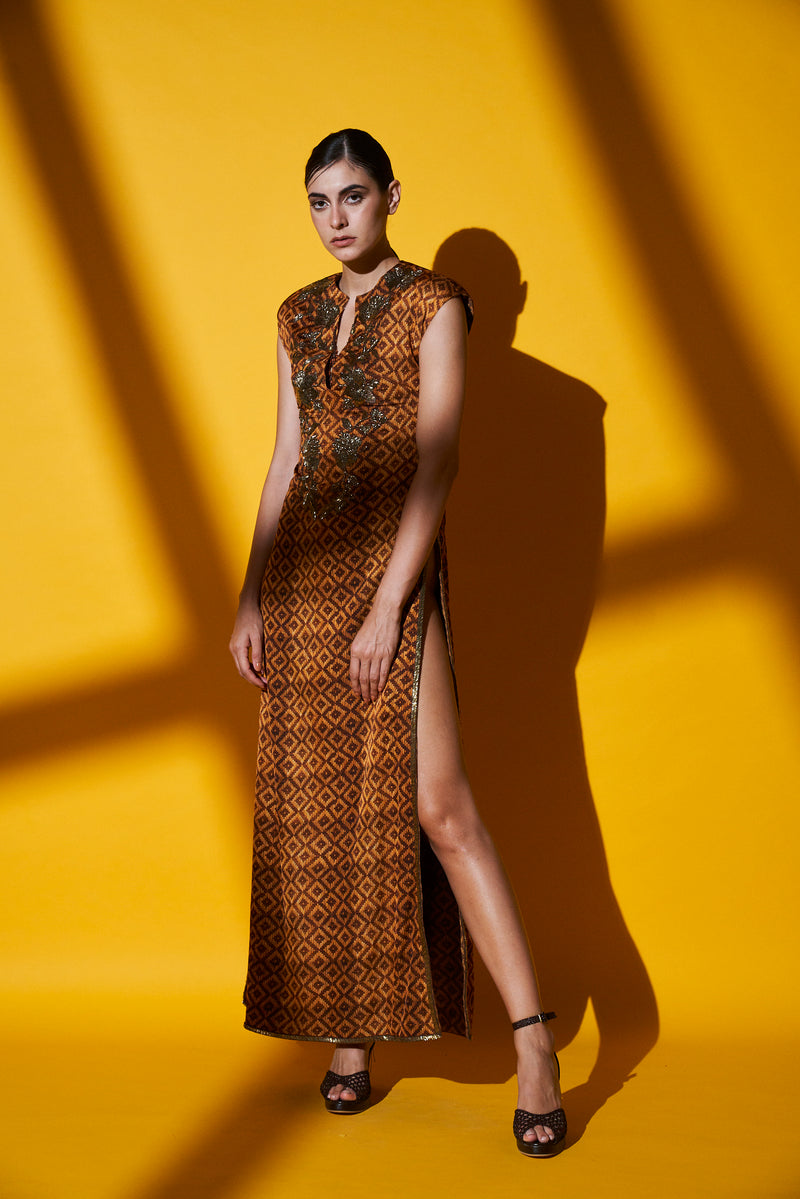 Beige-Brown Basket Weave Print Hand Embellished Side Slit Dress