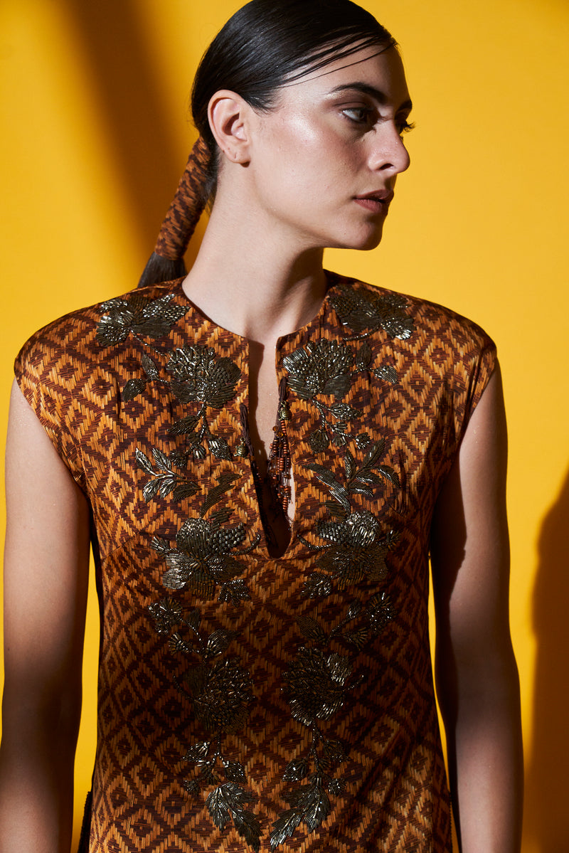 Beige-Brown Basket Weave Print Hand Embellished Side Slit Dress