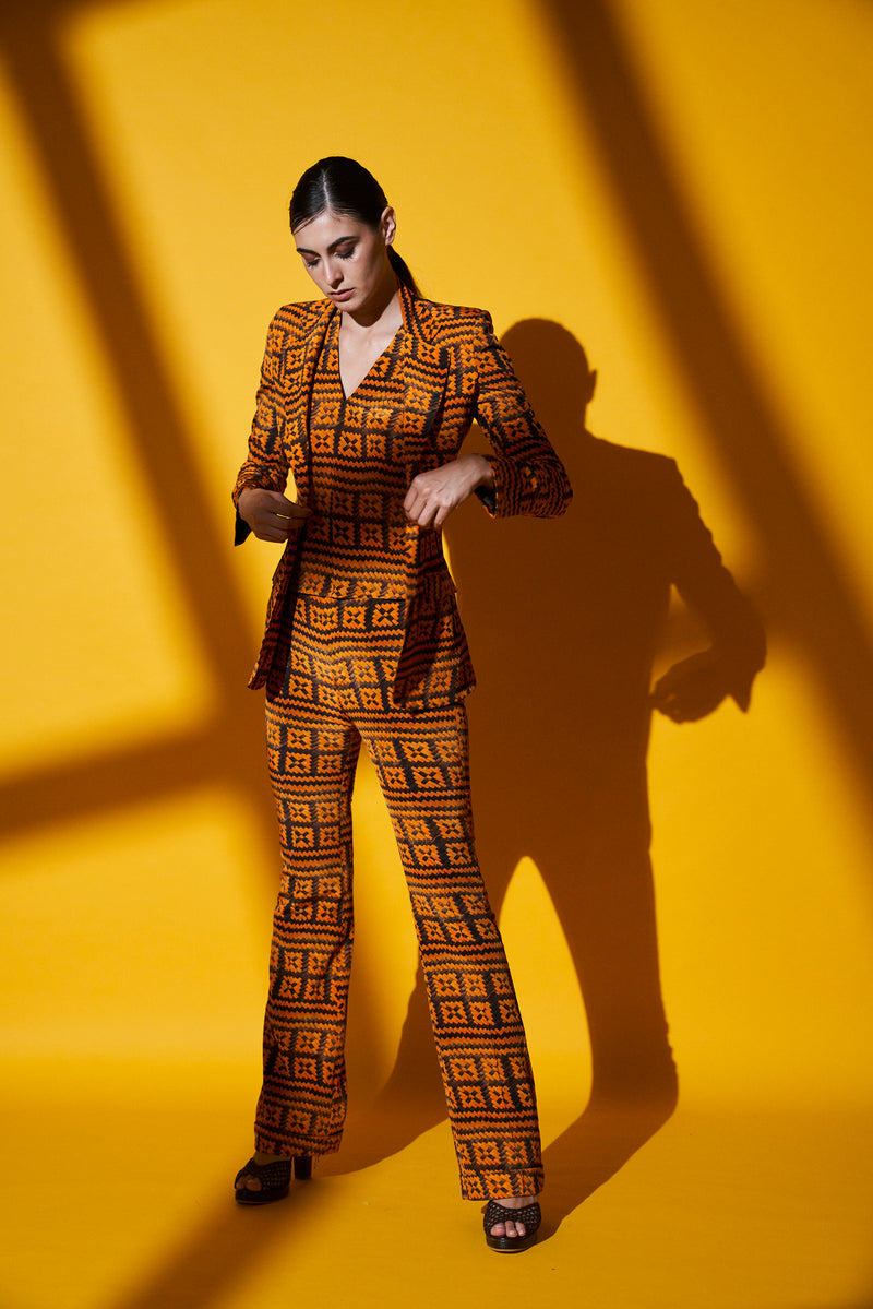Orange-Brown Basket Weave Print Pant Suit Set