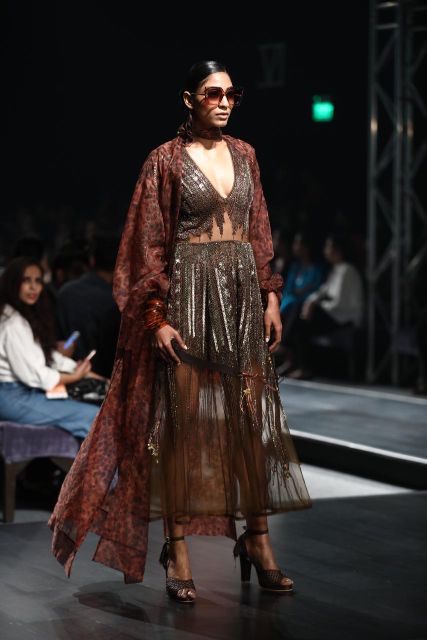 Shereen Sikka In Chocolate Brown Gold Hand Embellished Dress and Stone Print Trench Coat