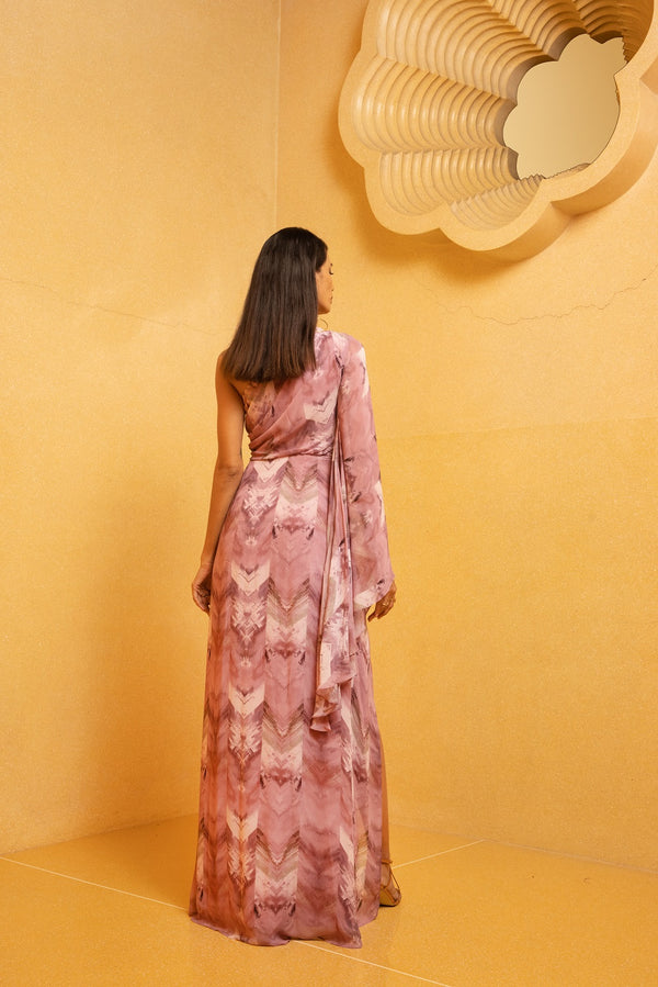 Lilac Floss Print One Shoulder Slit Draped Dress