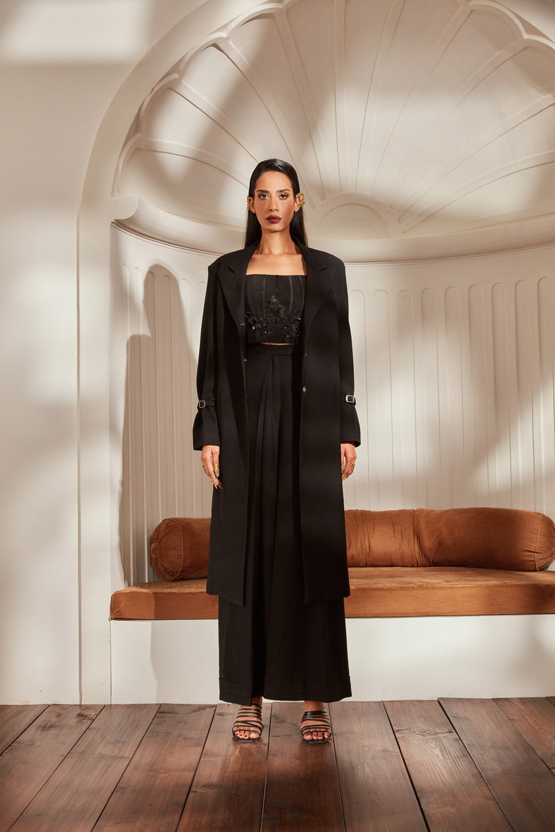 Black Textured Suiting Coat With Pants And Corset With Noire Glass Beads Embroidery