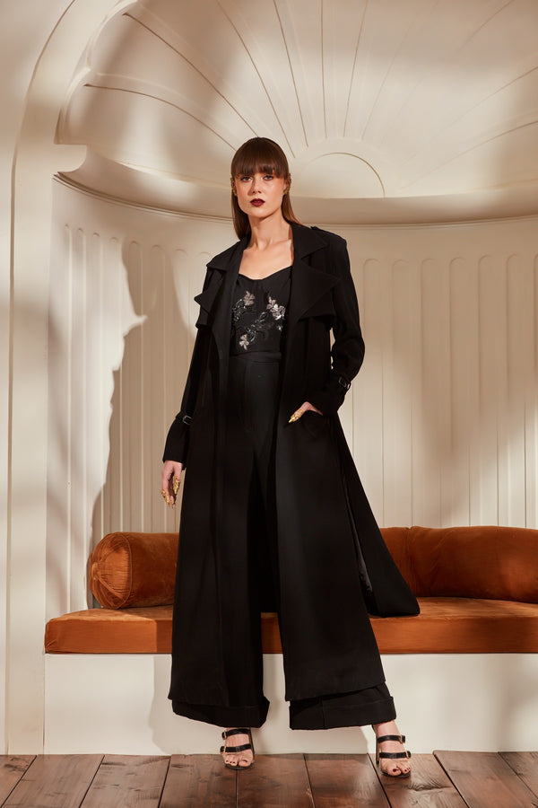 Black Luxury Suiting Trench Coat With Pants And Corset With Noire Glass Beads & Thread Embroidery