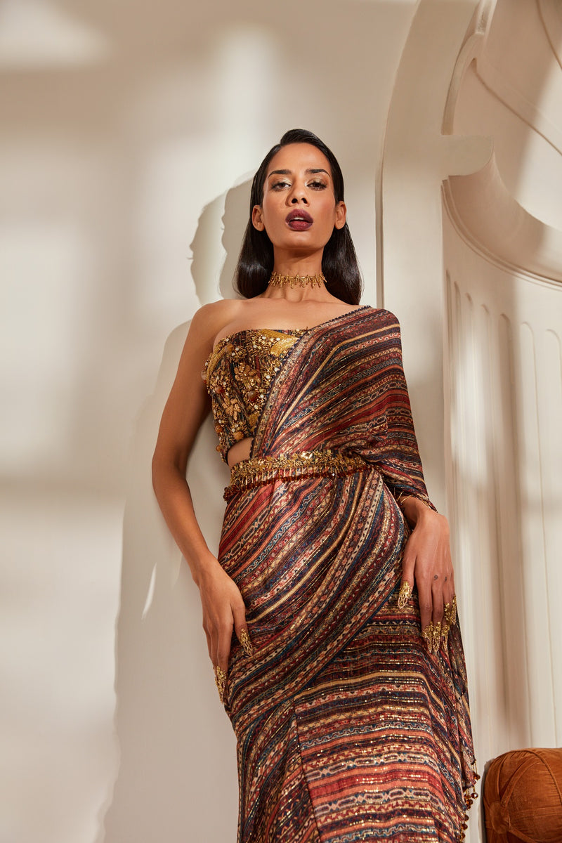 Stripe Print Ruffle Saree With Tube And Belt With Baroque Handwork
