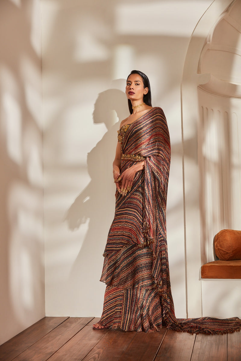 Stripe Print Ruffle Saree With Tube And Belt With Baroque Handwork