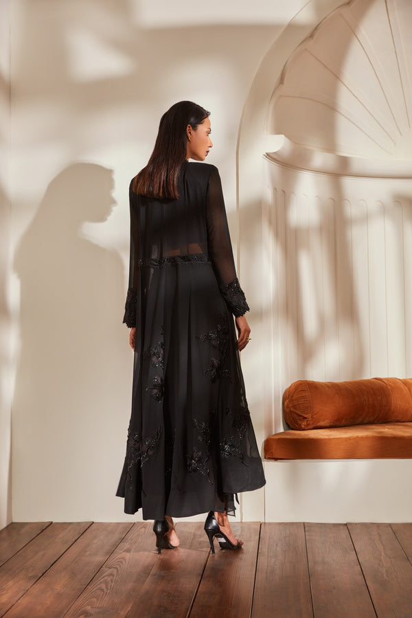 Black Pleated Drape Skirt With Blouse And Jacket With Noire Glass Beads & Thread Embroidery