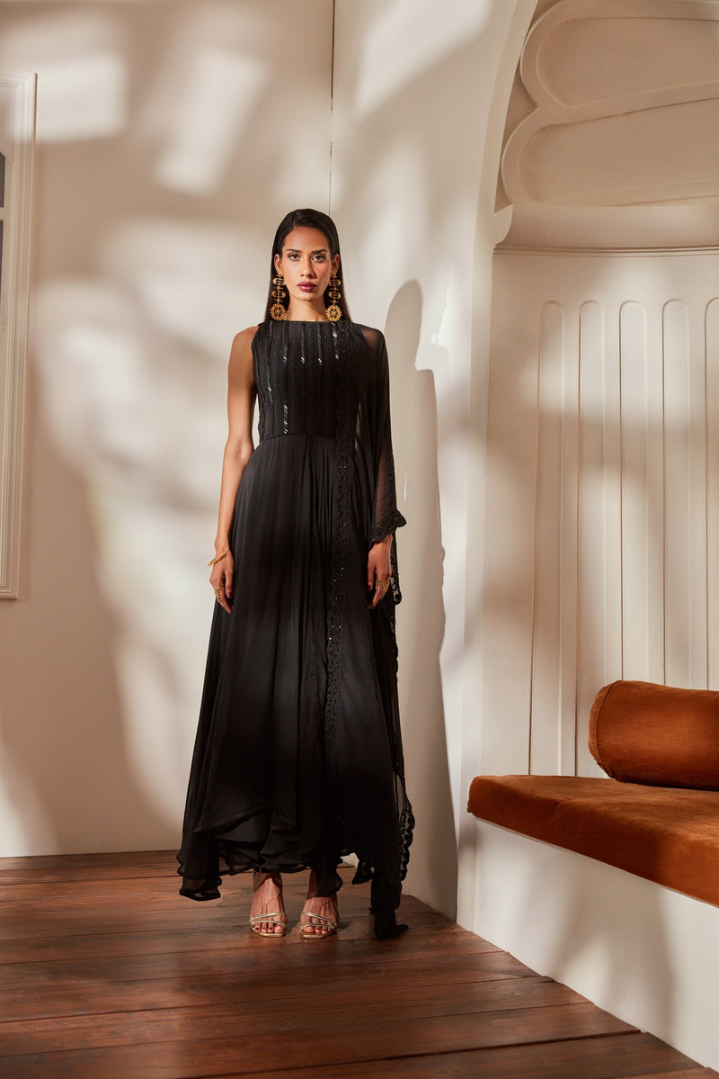 Black Anarkali With Churidar And Dupatta With Noire Glass Beads & Thread Embroidery
