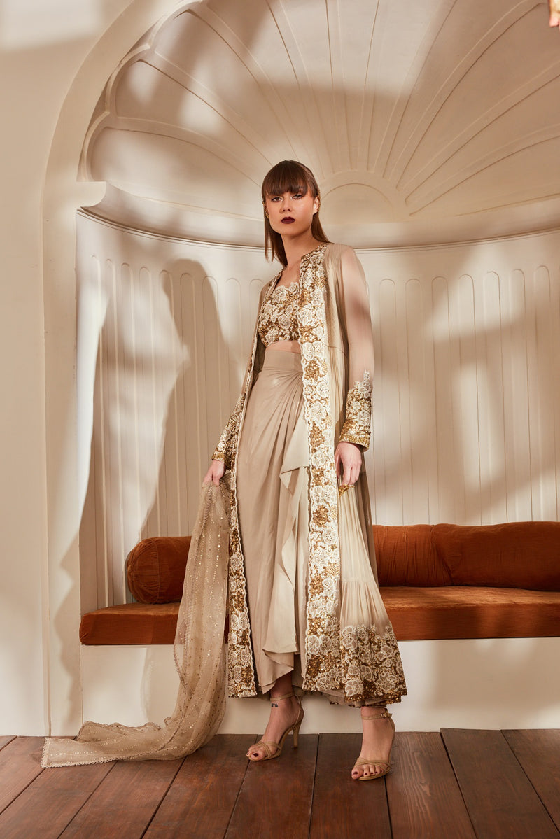 Off White Jacket With Tube, Dhoti & Dupatta With Baroque Handwork