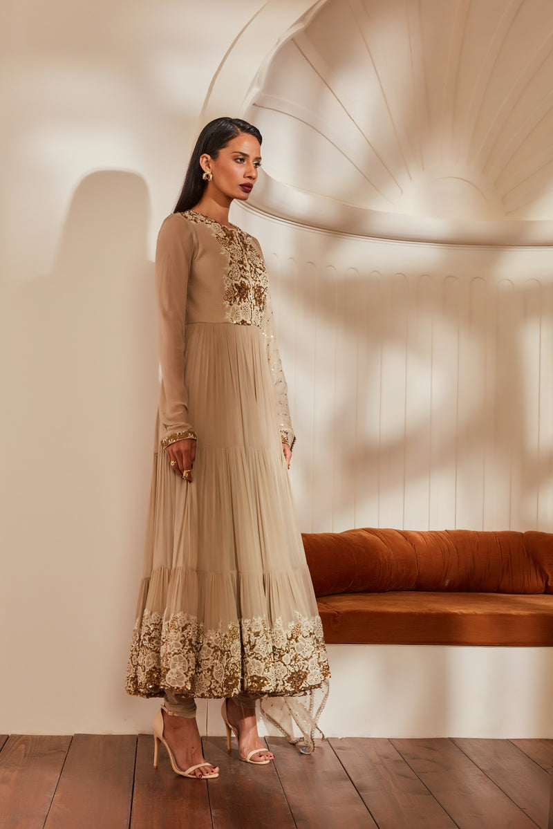 Off White Anarkali With Churidar And Dupatta With Baroque Handwork