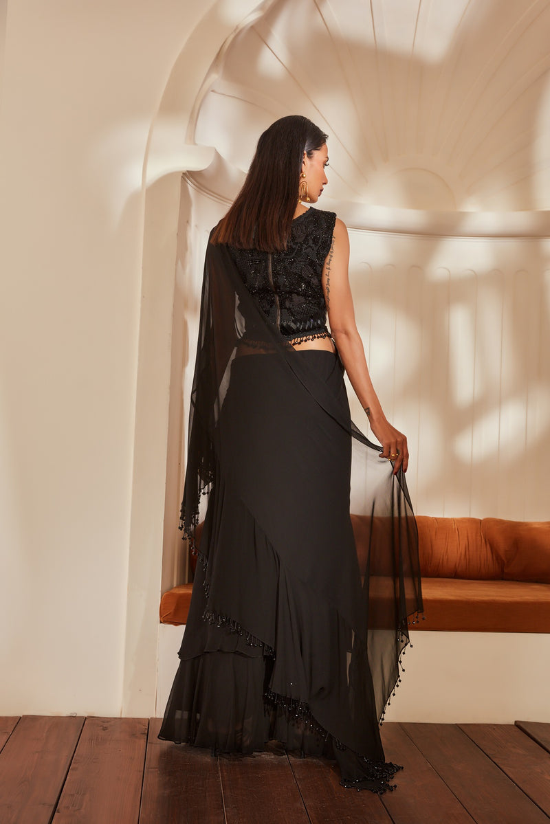 Black Ruffle Saree With Blouse & Belt With Noire Glass Beads & Thread Embroidery