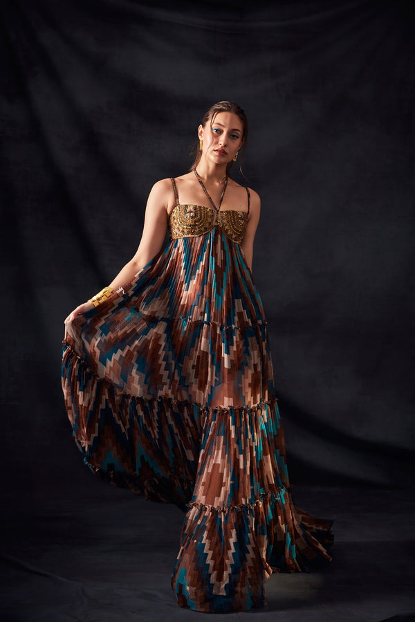 Turquoise Grid Print Maxi With Aged Gold Embroidery