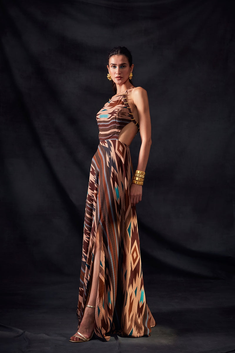 Stripe Aztec Print Cut Out Maxi Dress