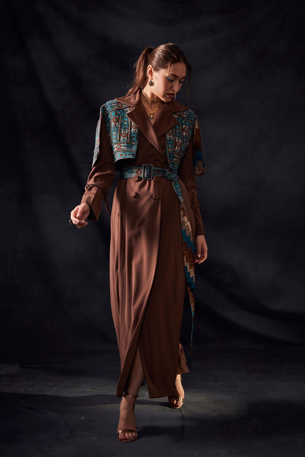 Dark Tan Trench Coat With Embroidered Belt