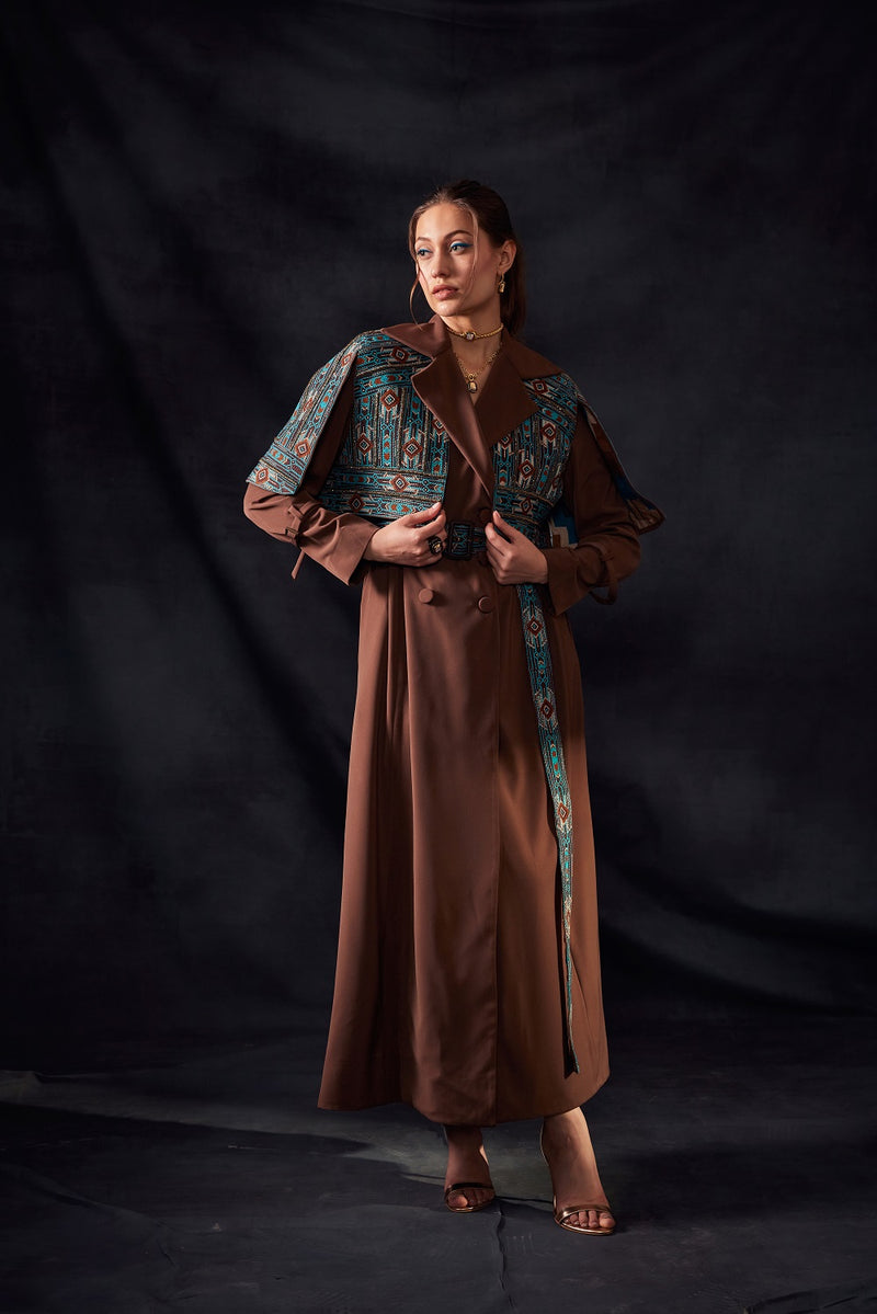 Dark Tan Open Shoulder Jacket With Turkish Threadwork With Gold Embellishment Embroidery