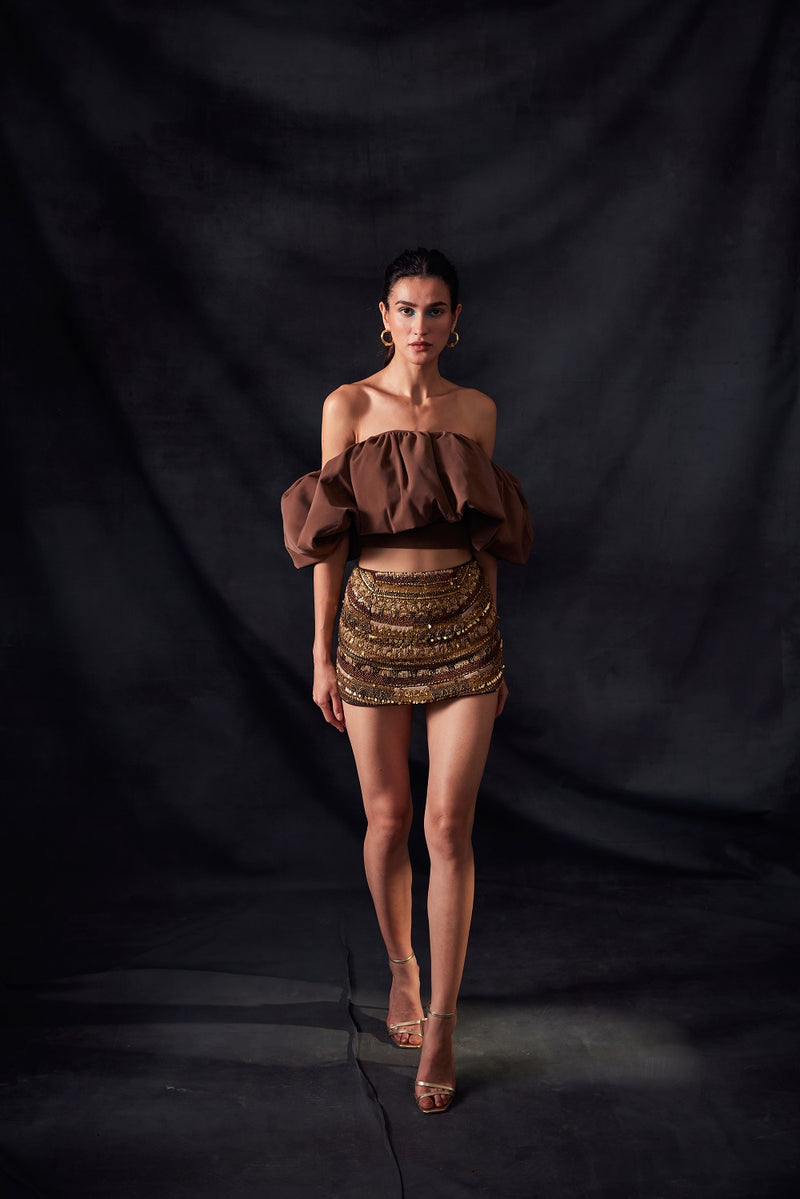 Short Skirt With Aged Gold Embroidery