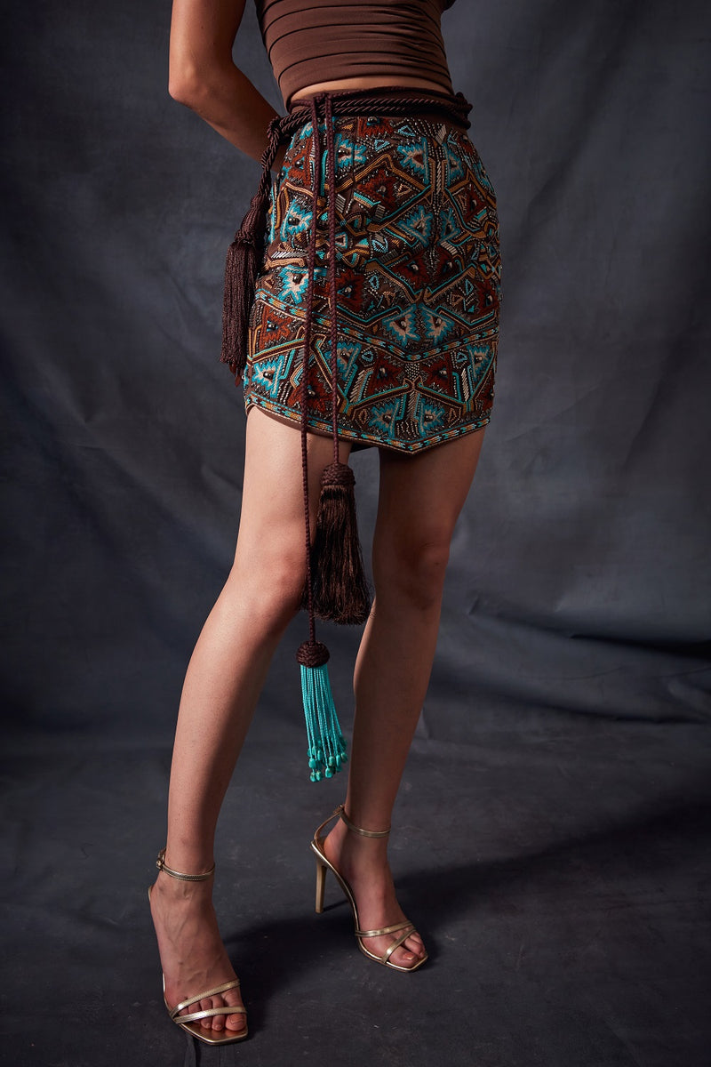 Dark Tan Skirt With Turkish Threadwork & Gunmetal Embellishment Embroidery