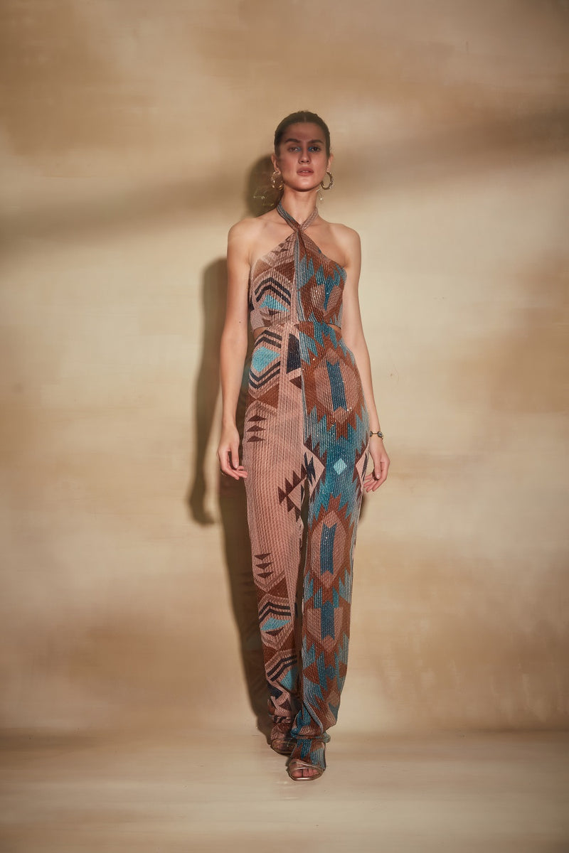 Turquoise Tapis Print Sequin Jumpsuit