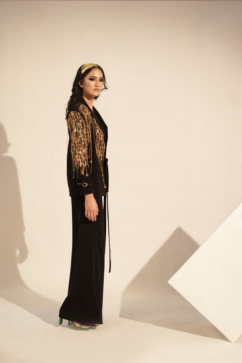 Black Pantsuit Set With Metallic Gold Embellishment