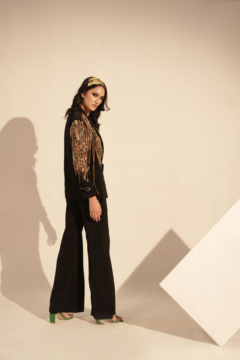 Black Pantsuit Set With Metallic Gold Embellishment