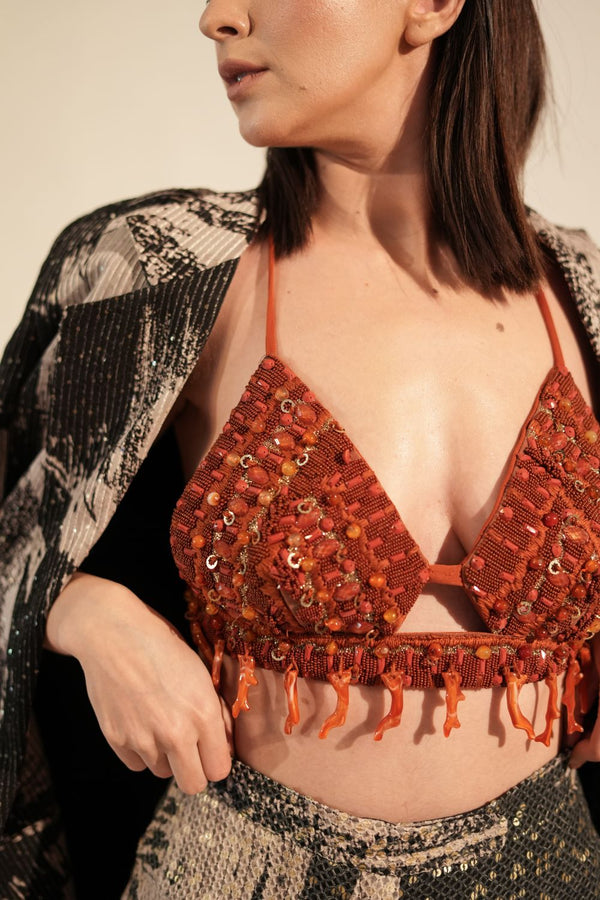 Bralette With Coral & Metallic Gold Embellishment