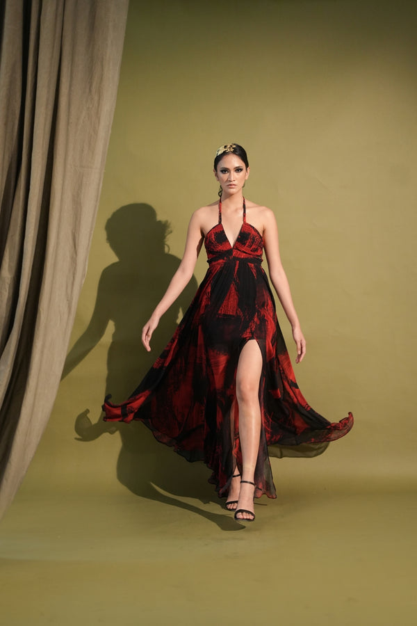 Red & Black Stroke Print Maxi Dress