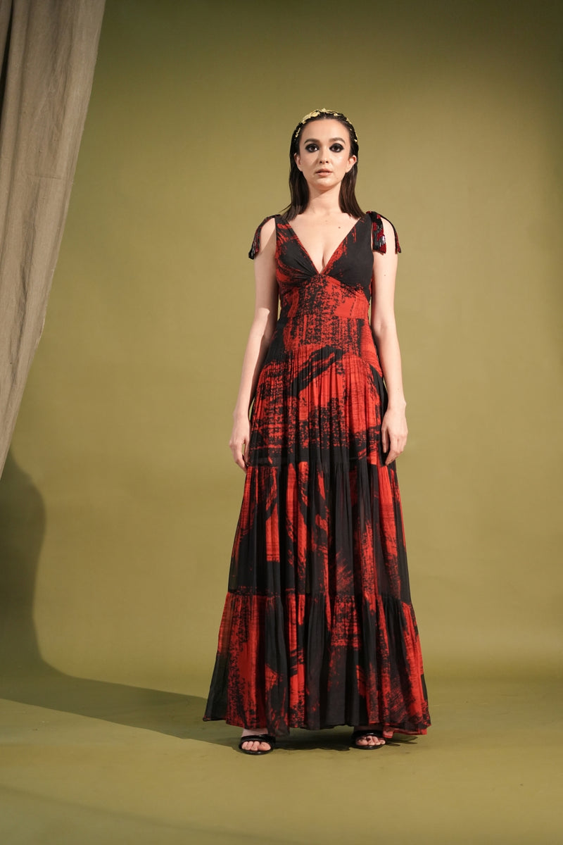 Red & Black Stroke Print Maxi Dress