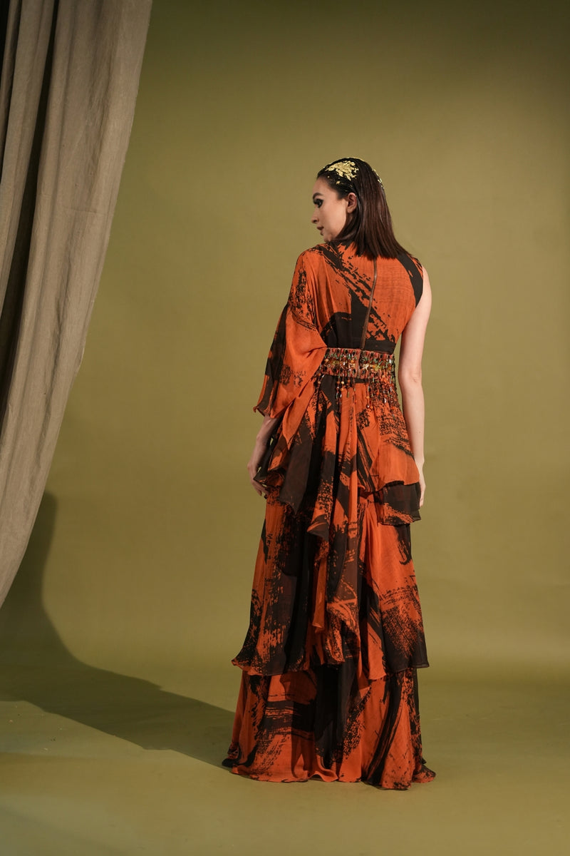 Orange & Black Stroke Print Saree Blouse & Belt Set