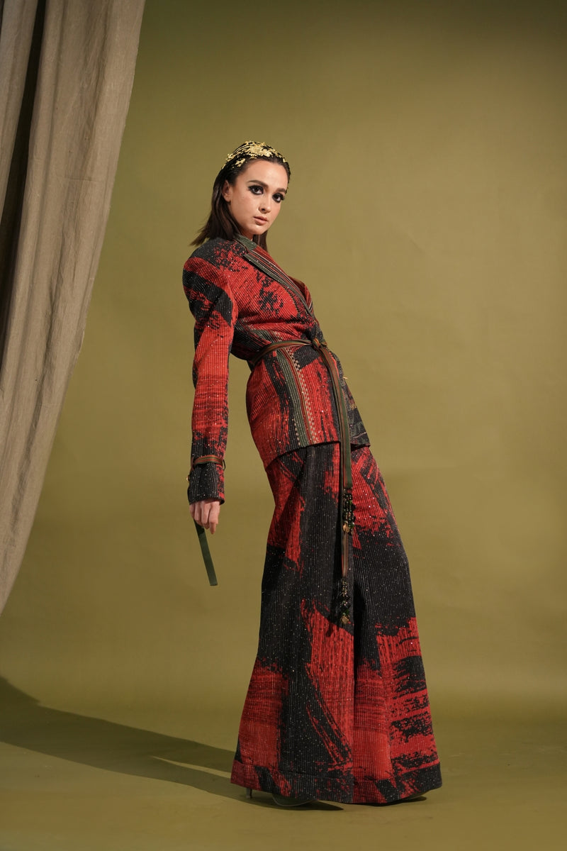 Red & Black Stroke Placement Print Pantsuit With Belt