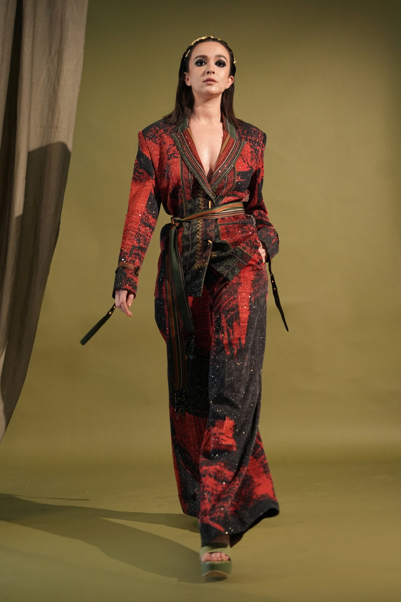 Red & Black Stroke Placement Print Pantsuit With Belt