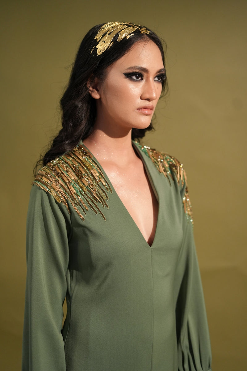 Dark Jade Dress with Slit With Metallic Gold Embellishment