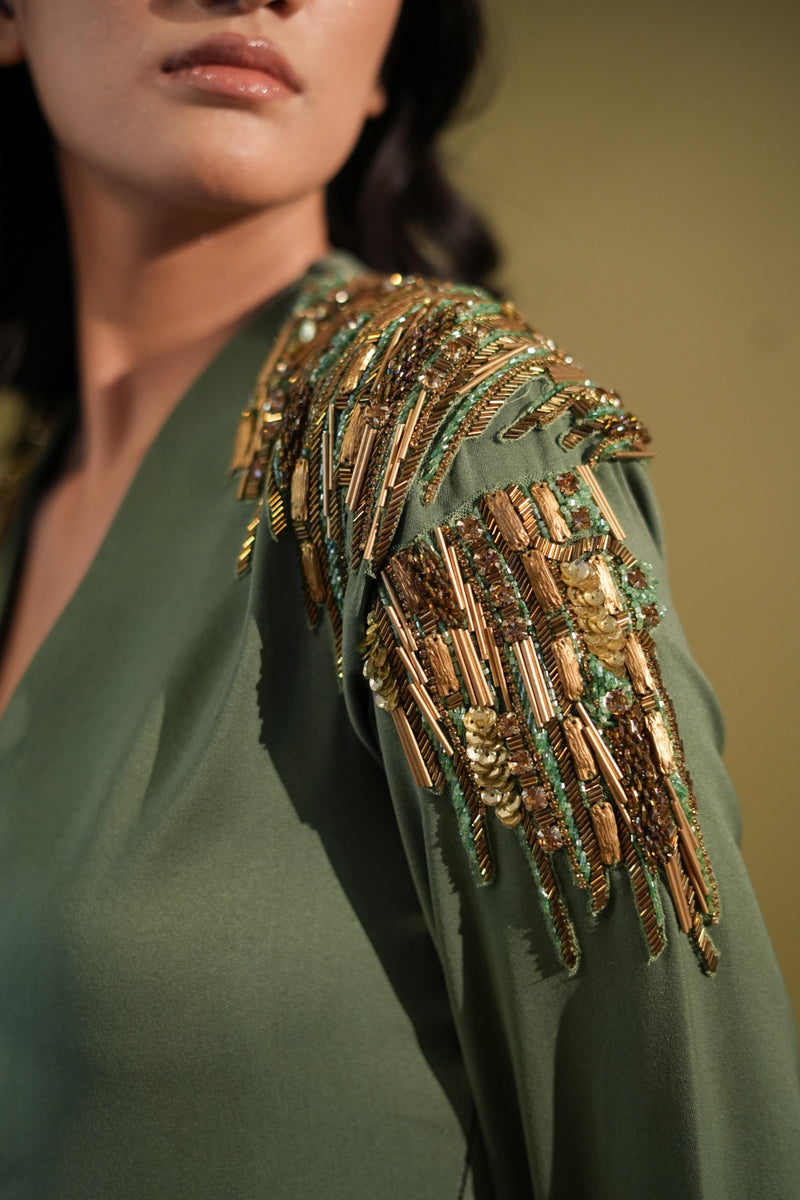 Dark Jade Dress with Slit With Metallic Gold Embellishment