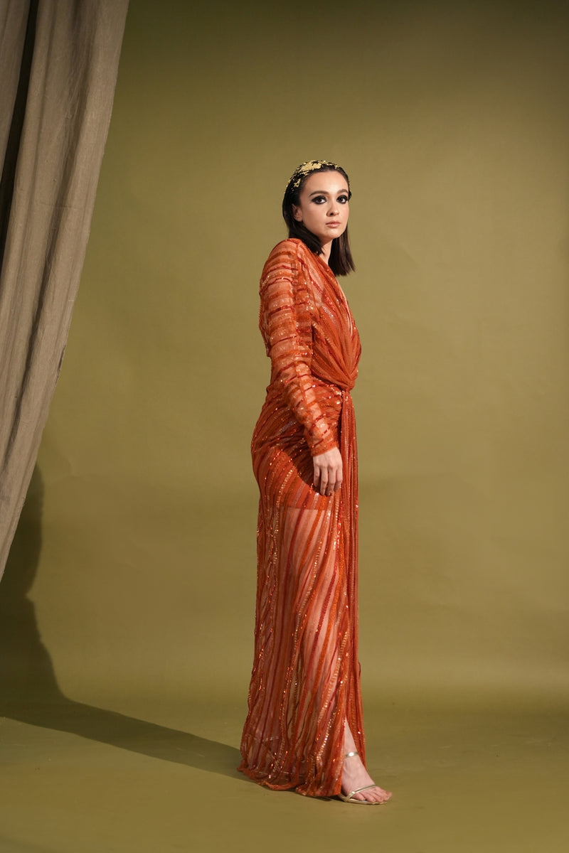Tangerine Drapped Maxi With Sequenced Embellishment