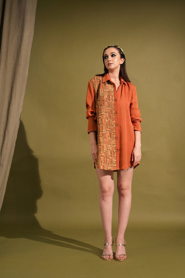 Tangerine Short Dress With Threadwork & Metallic Embellishment